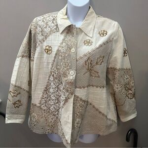 Elegant Cream and Gold Women's Jacket Indigo Moon Sequin VTG Floral Shoulderpads